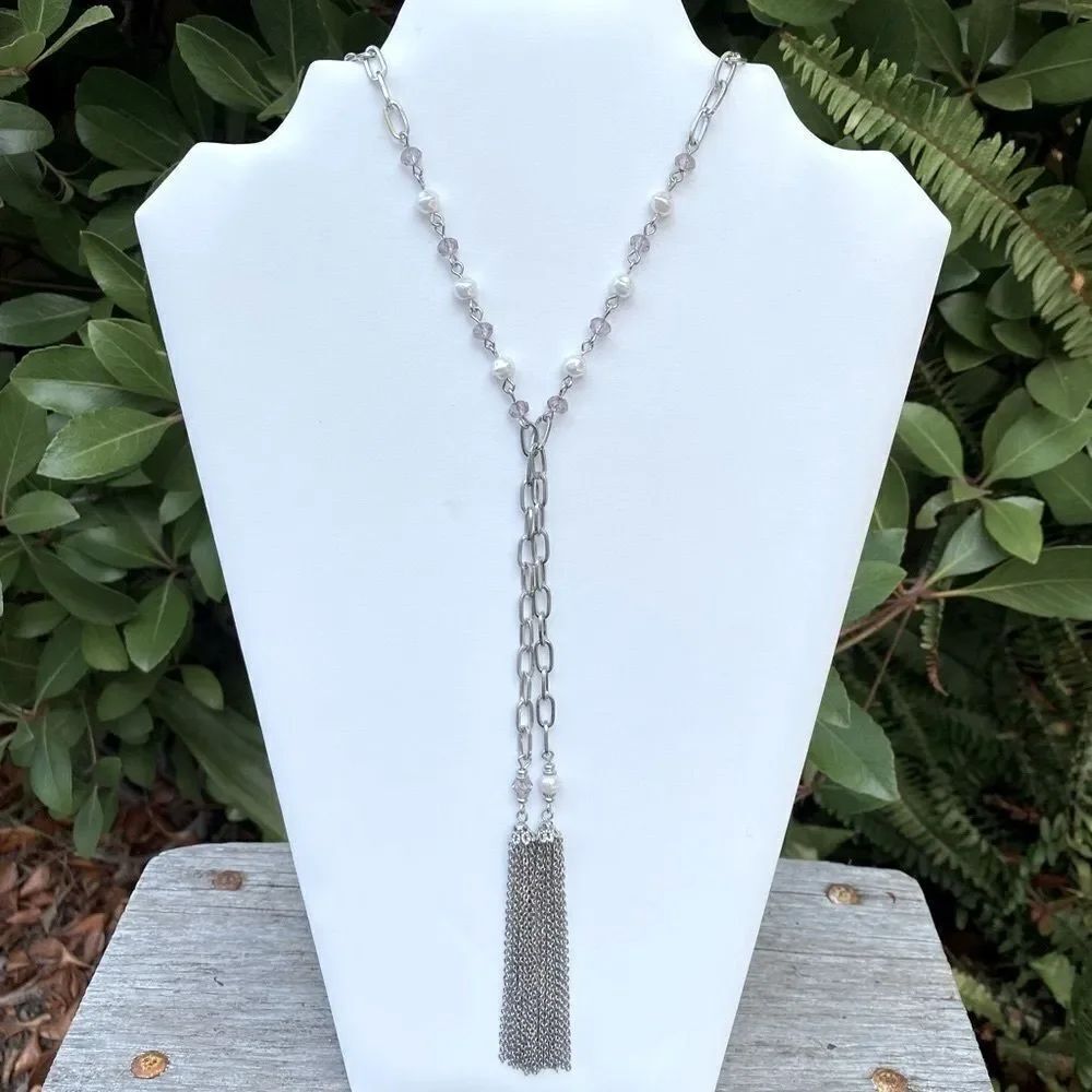 Retired Vintage Premier Designs Faux Pearl Tassel Fringe Silver Necklace